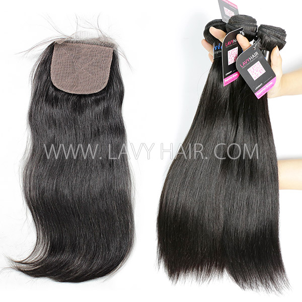 Superior Grade mix 3 bundles with silk base closure 4*4" Peruvian Straight Virgin Human Hair Extensions