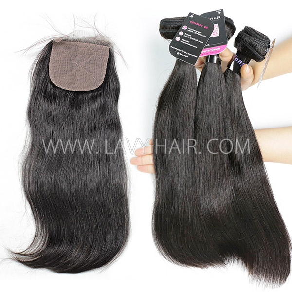 Superior Grade mix 3 bundles with silk base closure 4*4" Mongolian Straight Virgin Human hair extensions