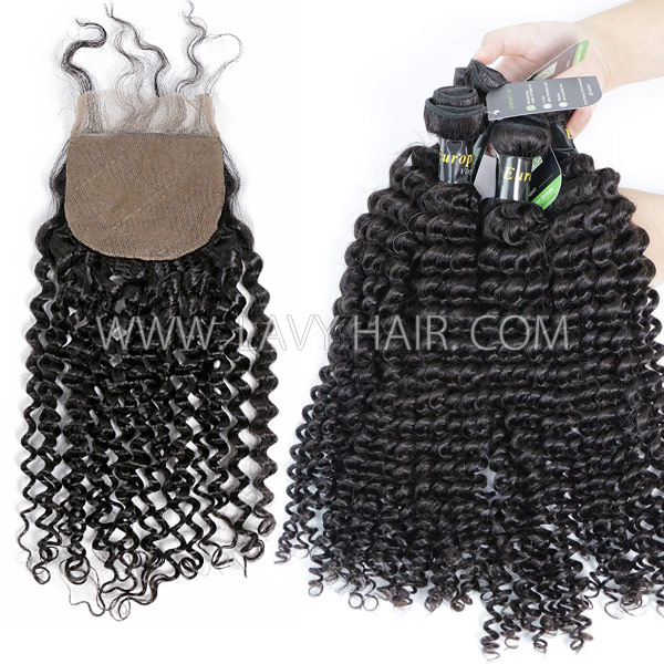 Regular Grade mix 3 bundles with silk base closure 4*4" European Deep Curly Virgin Human hair extensions