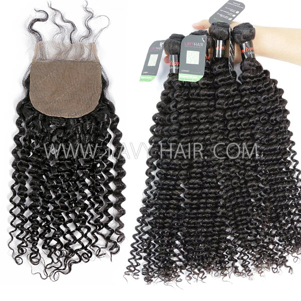 Regular Grade mix 3 bundles with silk base closure 4*4" Cambodian Deep Curly Virgin Human hair extensions
