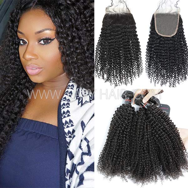 Superior Grade mix 3 bundles with lace closure Cambodian Kinky Curly Virgin Human hair extensions