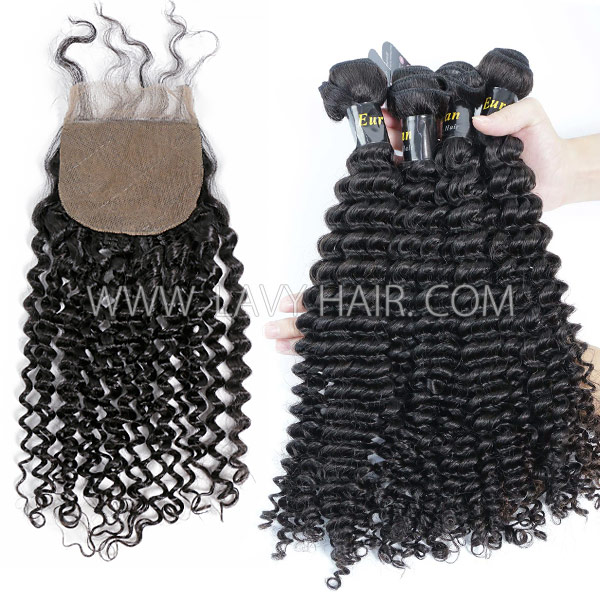 Superior Grade mix 3 bundles with silk base closure 4*4" European deep curly Virgin Human hair   extensions