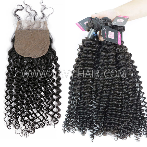 Superior Grade mix 3 bundles with silk base closure 4*4" Peruvian Deep Curly Virgin Human hair extensions