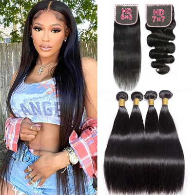 (All texture link)Superior Grade 3 bundles with 6*6 7*7 lace closure Deal Transparent /HD Lace Virgin Human Hair Extensions