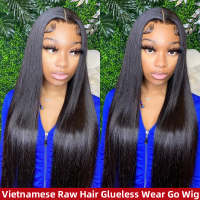 (Vietnamese Raw Hair Wigs 4 Bundles Thickness) HD Lace Glueless Wear Go Single Knot Pre Plucked Straight/Wavy/Curly