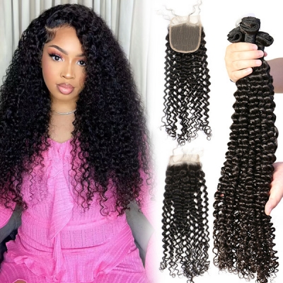 Superior Grade 3 bundles with 4*4 5*5 lace closure Deal Deep Curly Transparent /HD Lace Virgin Human hair Brazilian Peruvian Malaysian Indian