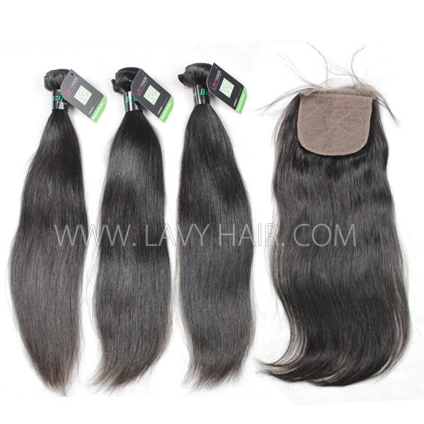 Regular Grade mix 3 bundles with silk base closure 4*4" Peruvian Straight Hair Virgin Human hair extensions
