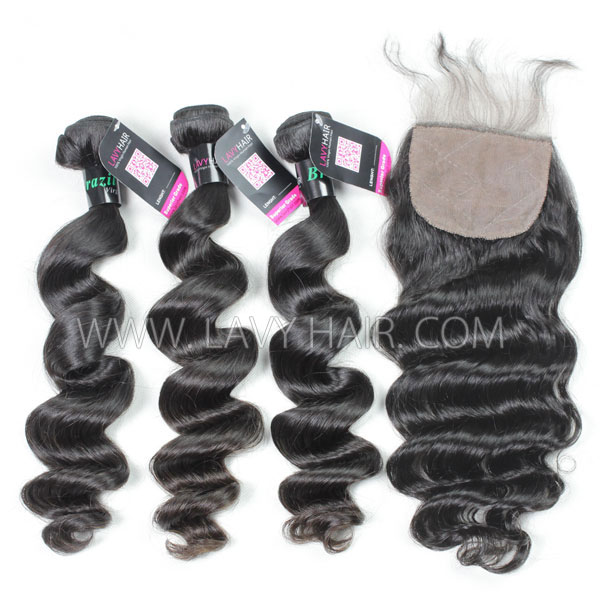 Superior Grade 3 bundles with silk base closure 4*4" loose wave Virgin Hair Brazilian Peruvian Malaysian Indian European Cambodian Burmese Mongolian