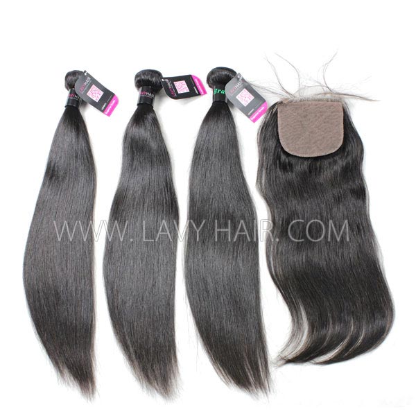 Superior Grade 3 bundles with silk base closure 4*4" Straight Virgin hair Brazilian Peruvian Malaysian Indian European Cambodian Burmese Mongolian