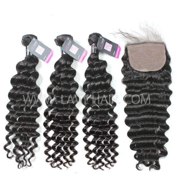 Superior Grade 3 bundles with silk base closure 4*4" Deep wave Virgin hair Brazilian Peruvian Malaysian Indian European Cambodian Burmese Mongolian