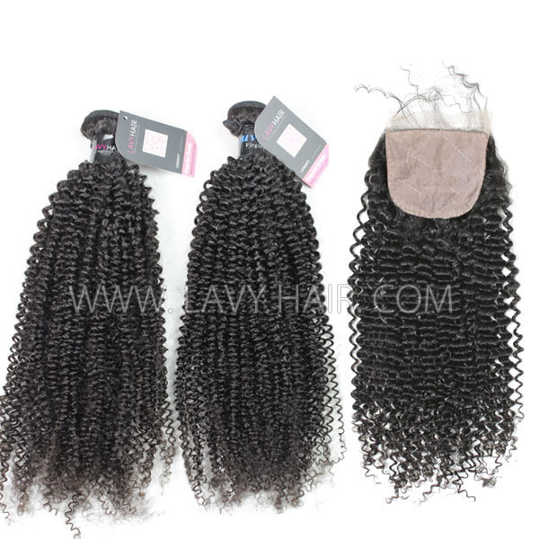 Superior Grade mix 4 bundles with silk base closure 4*4" Peruvian Kinky Curly Virgin Human hair extensions