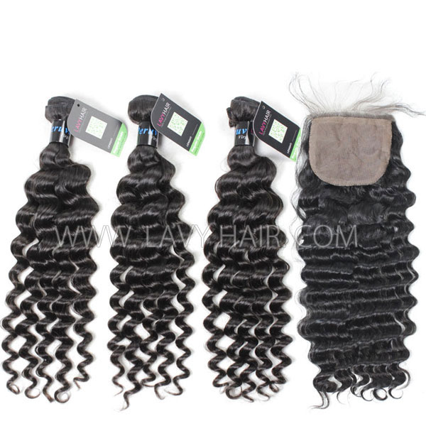 Regular Grade mix 3 bundles with silk base closure 4*4" Peruvian Deep wave Virgin Human hair extensions