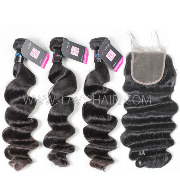 Superior Grade mix 4 bundles with lace closure Peruvian Loose Wave Virgin Human Hair Extensions