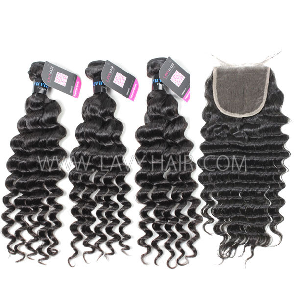 Superior Grade mix 3 bundles with lace closure Peruvian Deep wave Virgin Human hair extensions