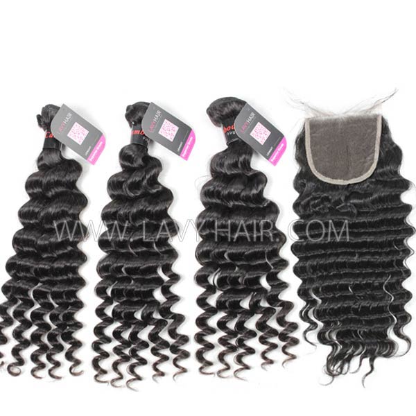 Superior Grade mix 3 bundles with lace closure Cambodian deep wave Virgin Human hair extensions