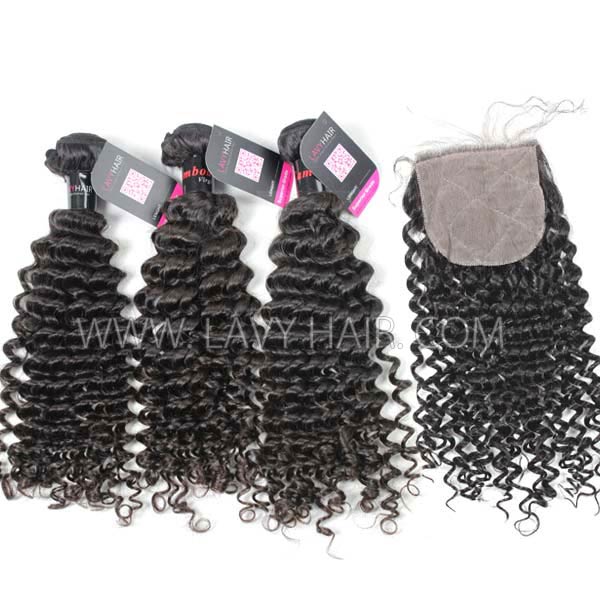 Superior Grade mix 4 bundles with silk base closure 4*4" Cambodian deep curly Virgin Human hair extensions