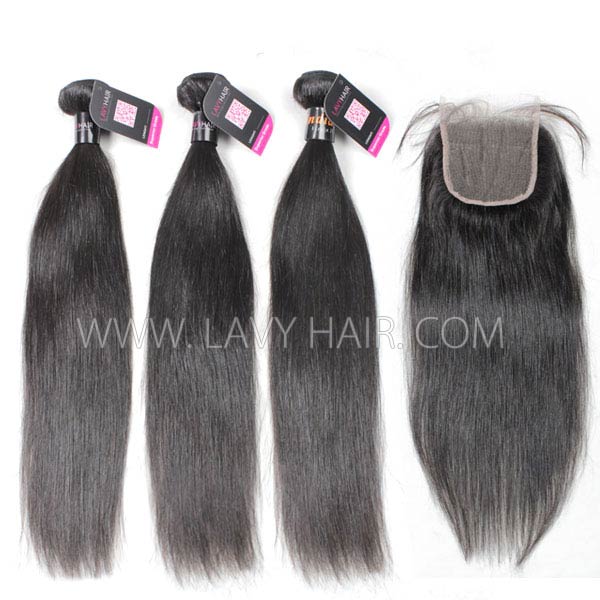Superior Grade mix 4 bundles with lace closure Indian Straight Virgin Human hair extensions