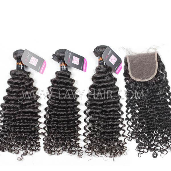 Superior Grade mix 3 bundles with lace closure Indian Deep Curly Virgin Human hair extensions