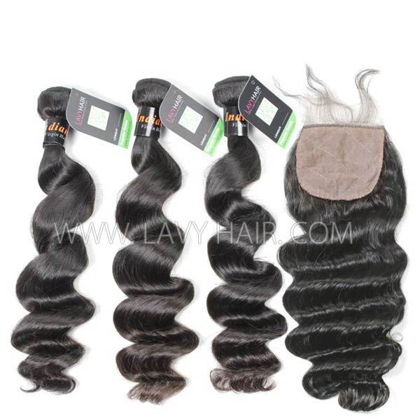 Regular Grade mix 3 bundles with silk base closure 4*4" Indian Loose Wave Virgin Human hair extensions