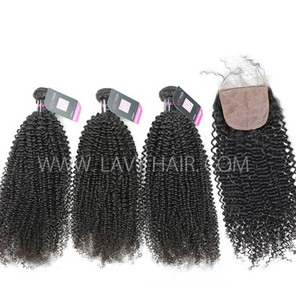 Superior Grade mix 4 bundles with silk base closure 4*4" Malaysian Kinky Curly Virgin Human hair extensions