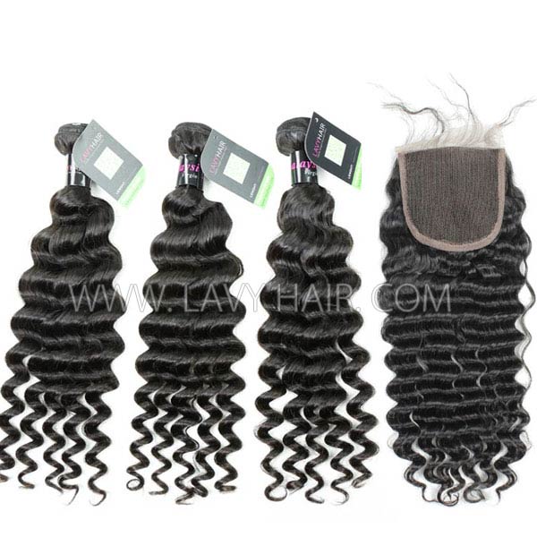 Regular Grade mix 4 bundles with lace closure Malaysian Deep wave Virgin Human hair extensions