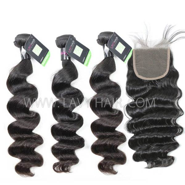 Regular Grade mix 4 bundles with lace closure Malaysian Loose Wave Virgin Human hair extensions
