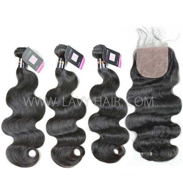 Superior Grade mix 4 bundles with silk base closure 4*4" Burmese Body Wave Virgin Human hair extensions