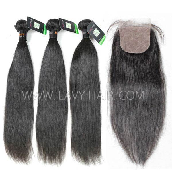Regular Grade mix 3 bundles with silk base closure 4*4" Burmese Straight Virgin Human hair extensions