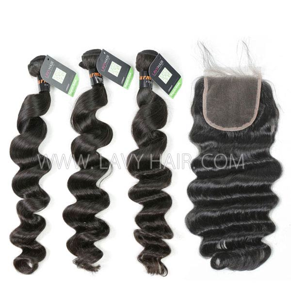 Regular Grade mix 3 bundles with lace closure Burmese Loose Wave Virgin Human hair extensions