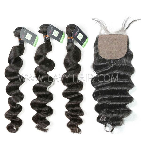 Regular Grade mix 3 bundles with silk base closure 4*4" Burmese Loose Wave Virgin Human hair extensions