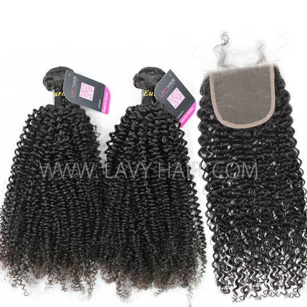 Superior Grade mix 3 bundles with lace closure European Kinky Curly Virgin Human hair extensions