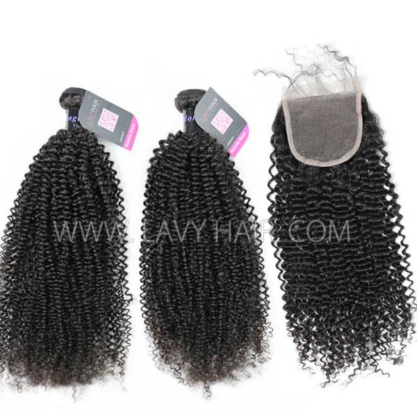 Superior Grade mix 3 bundles with lace closure Mongolian Kinky Curly Virgin Human hair extensions