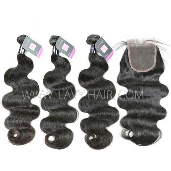 Superior Grade mix 4 bundles with lace closure Mongolian Body wave Virgin Human hair extensions