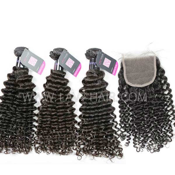 Superior Grade mix 3 bundles with lace closure Mongolian Deep Curly Virgin Human hair extensions