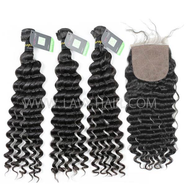 Regular Grade mix 4 bundles with silk base closure 4*4" European Deep wave Virgin Human hair extensions