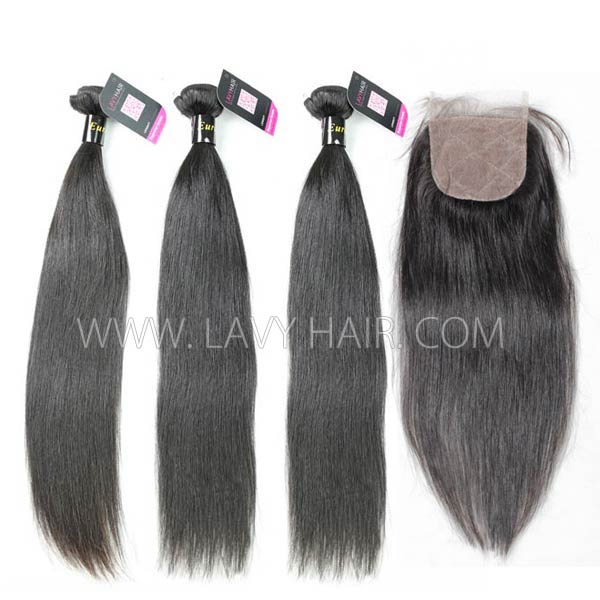 Superior Grade mix 3 bundles with silk base closure 4*4" European Straight Virgin Human Hair Extensions