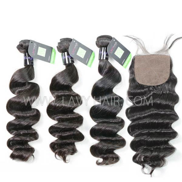 Regular Grade mix 3 bundles with silk base closure 4*4" Mongolian Loose Wave Virgin Human hair extensions