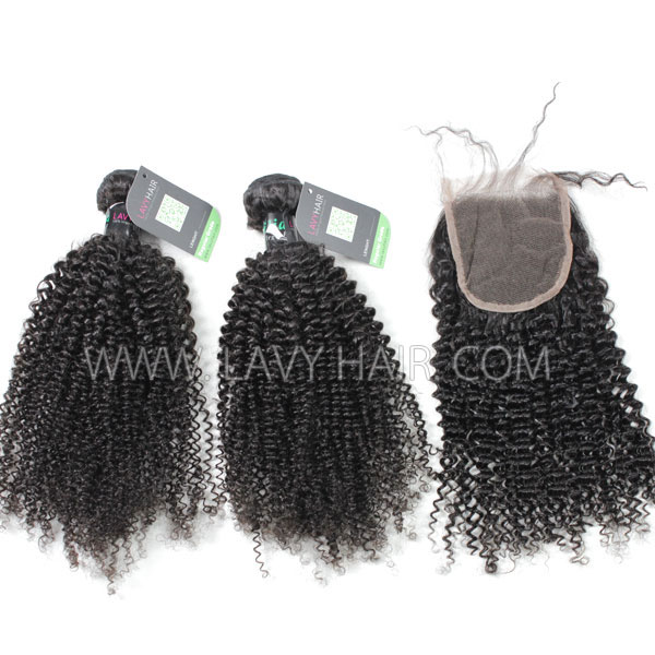 Regular Grade mix 4 bundles with lace closure Brazilian Kinky Curly Virgin Human hair extensions