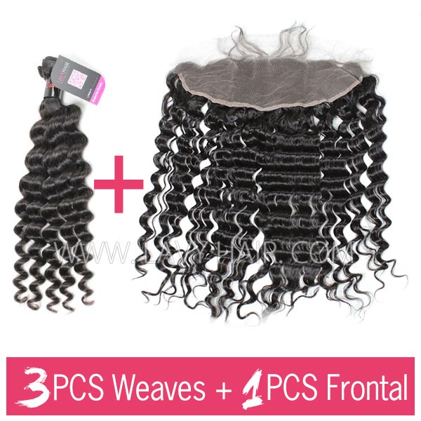 Superior Grade mix 3 bundles with 13*4 lace frontal closoure Cambodian Deep Wave Virgin Human Hair Extensions