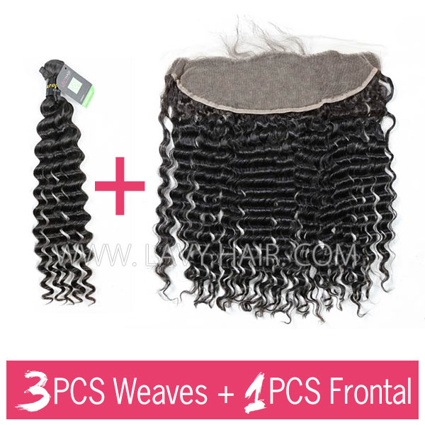 Regular Grade mix 3 bundles with 13*4 lace frontal closure European Deep Wave Virgin Human hair extensions