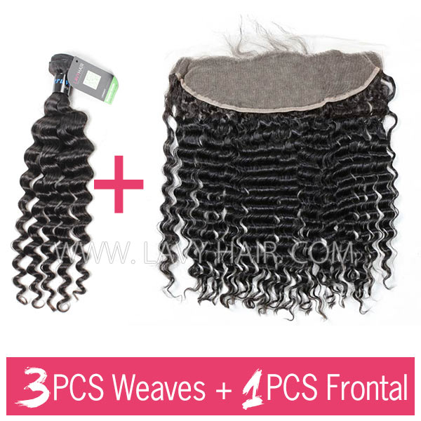 Regular Grade mix 3 bundles with 13*4 lace frontal closure Peruvian Deep Wave Virgin Human hair extensions
