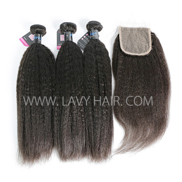 Superior Grade mix 3 bundles with lace closure Peruvian Kinky Straight Virgin Human hair extensions