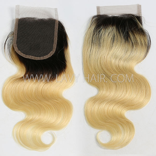 Lace top closure 4*4" body wave Straight #1B/613 Human hair medium brown Swiss lace