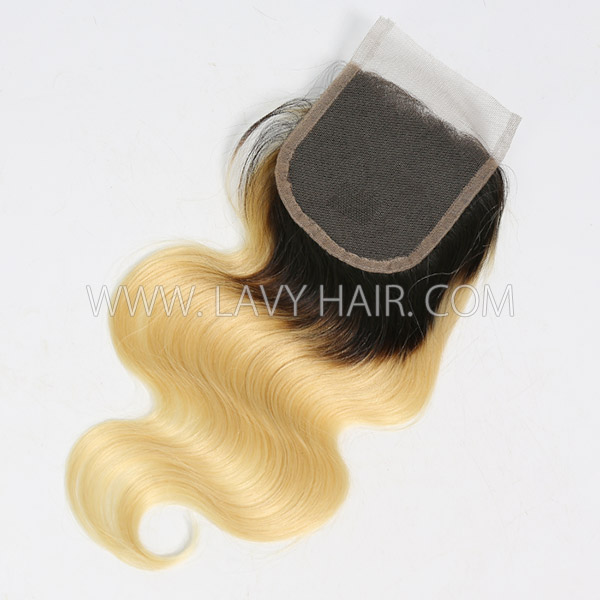 Lace top closure 4*4" body wave Straight #1B/613 Human hair medium brown Swiss lace