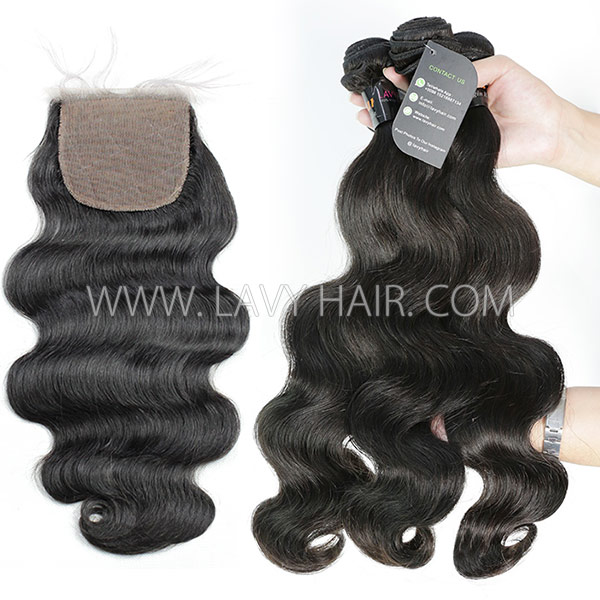 Regular Grade mix 3 bundles with silk base closure 4*4" Indian Body wave Virgin Human hair extensions