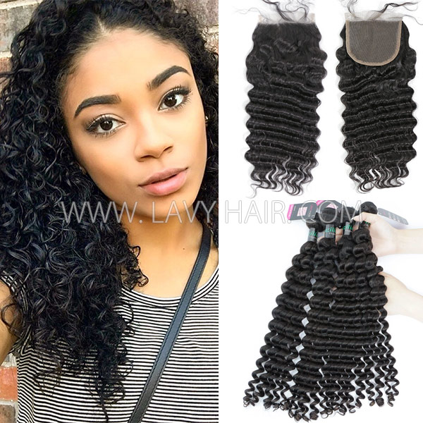 Superior Grade 3/4 bundles with 4*4 5*5 lace closure Deal Deep wave Transparent /HD Lace Virgin Human hair Brazilian Peruvian Malaysian Indian