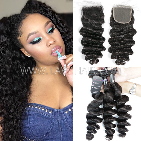 Superior Grade mix 3 bundles with lace closure Mongolian loose wave Virgin Human hair extensions