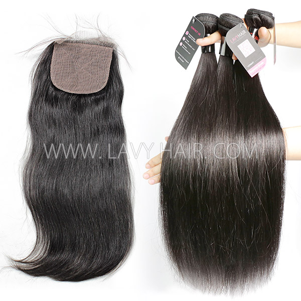 Superior Grade mix 3 bundles with silk base closure 4*4" Cambodian Straight Virgin Human hair extensions