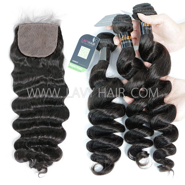 Regular Grade mix 3 bundles with silk base closure 4*4" Indian Loose Wave Virgin Human hair extensions