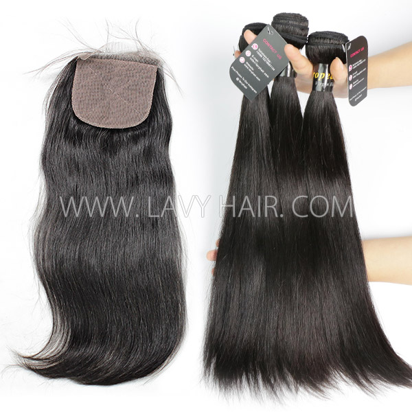 Superior Grade mix 3 bundles with silk base closure 4*4" European Straight Virgin Human Hair Extensions